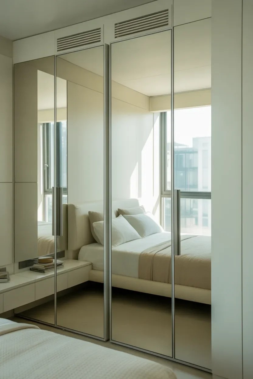 Large mirror reflecting light enhancing room size illusion.