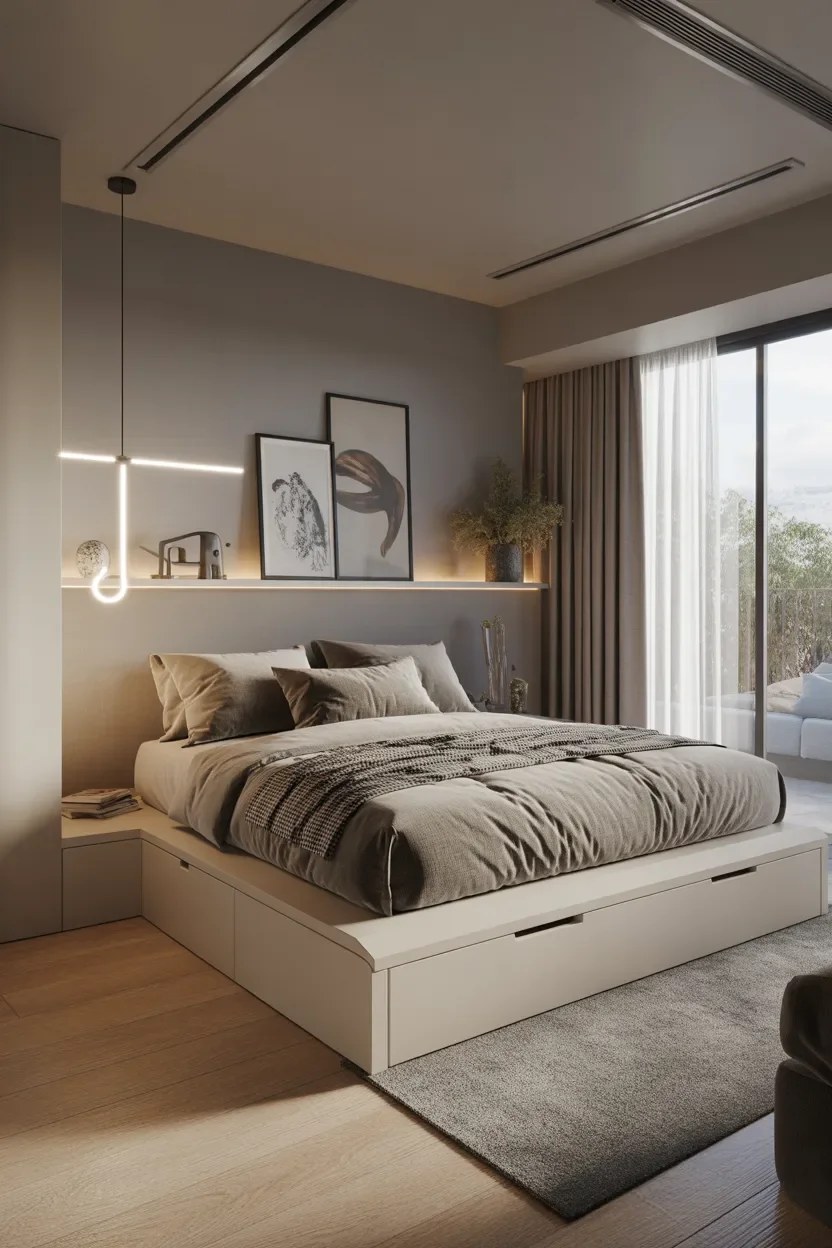 Sleek modern platform bed with integrated ambient lighting.