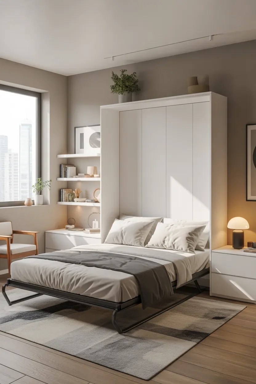 Hidden wardrobe bed seamlessly blends luxury with function.
