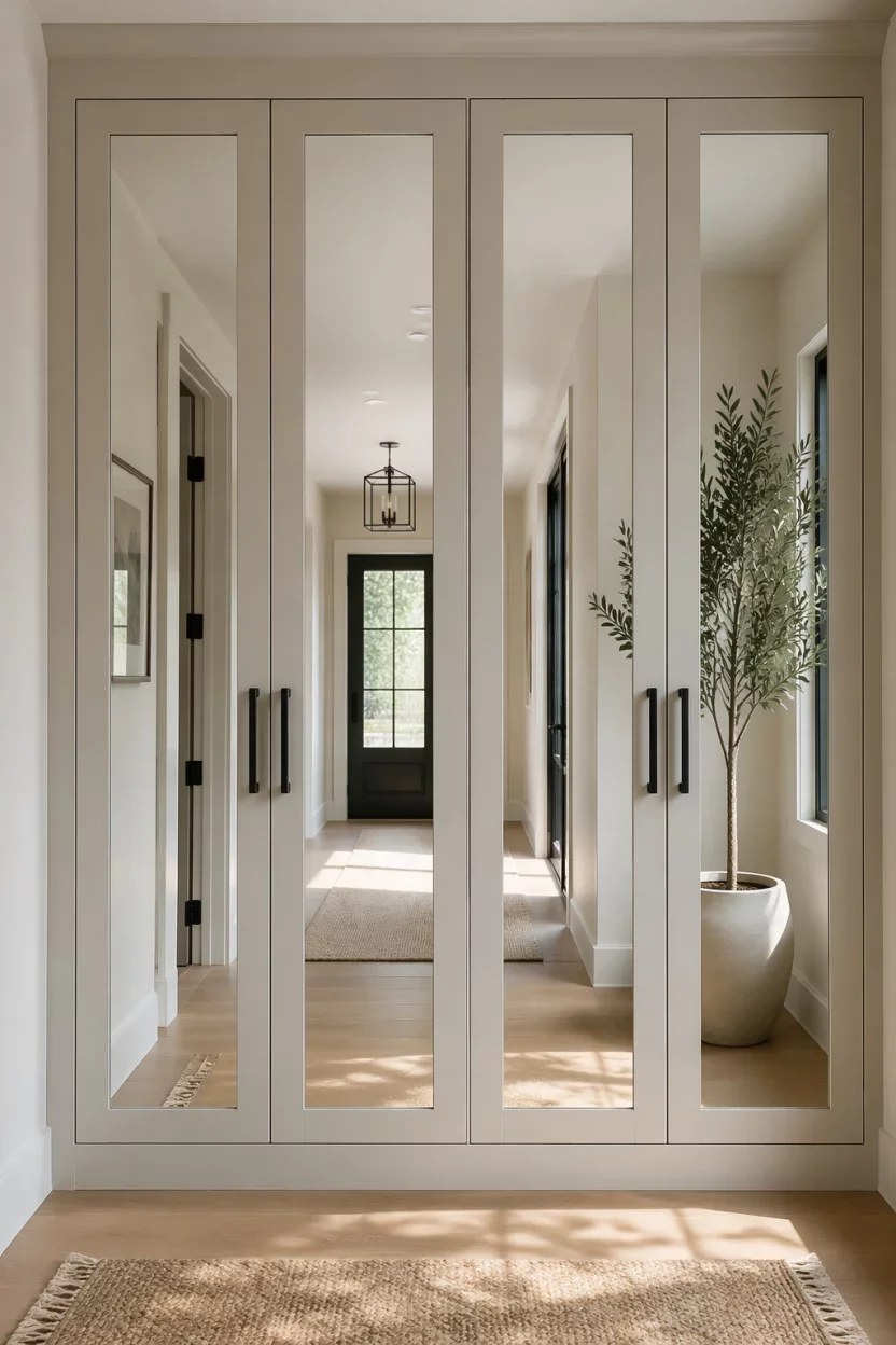 Artistic wall mural enhancing style in a mudroom.