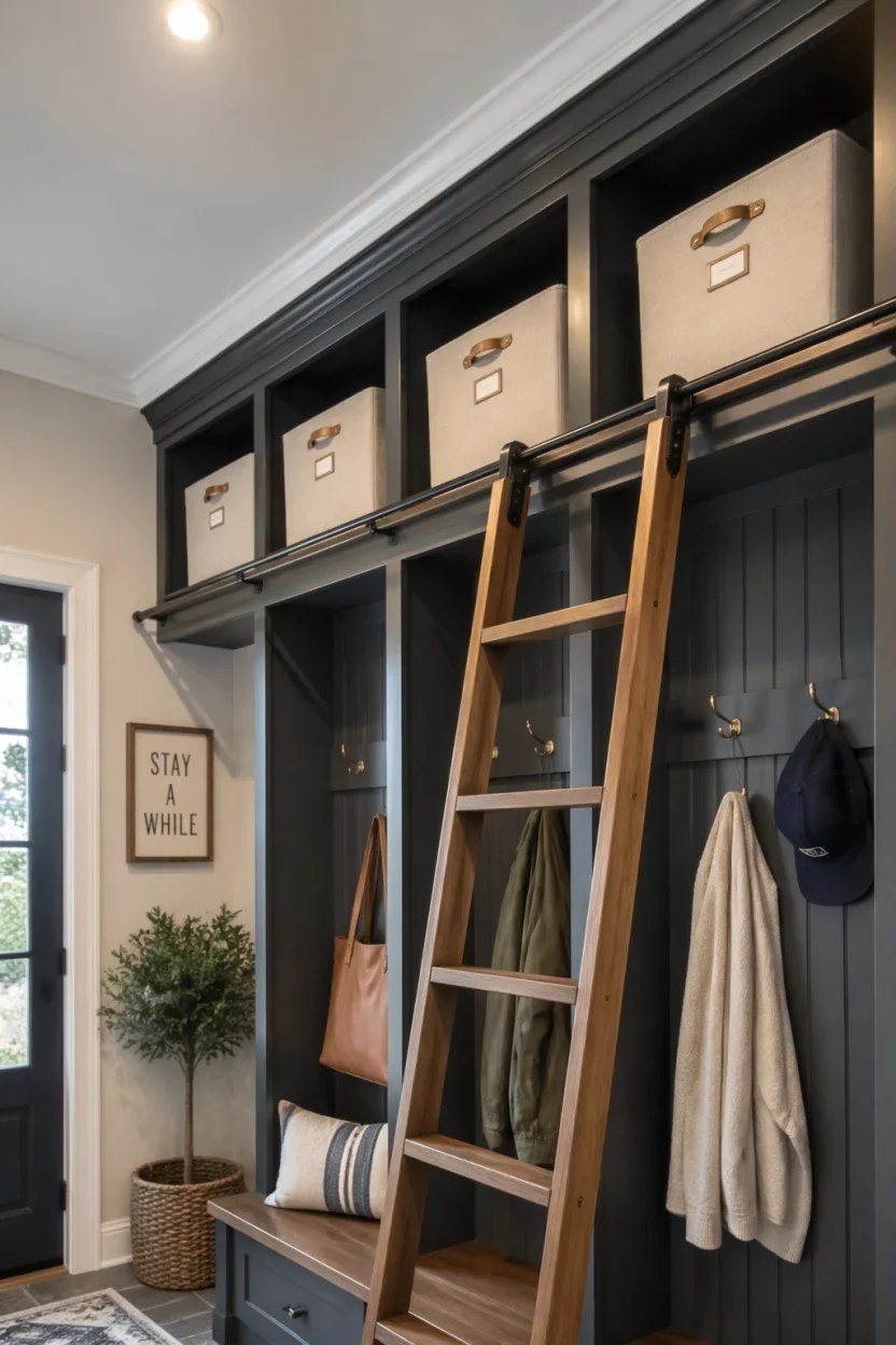 Space-saving folding chairs tucked away in a cozy entryway.