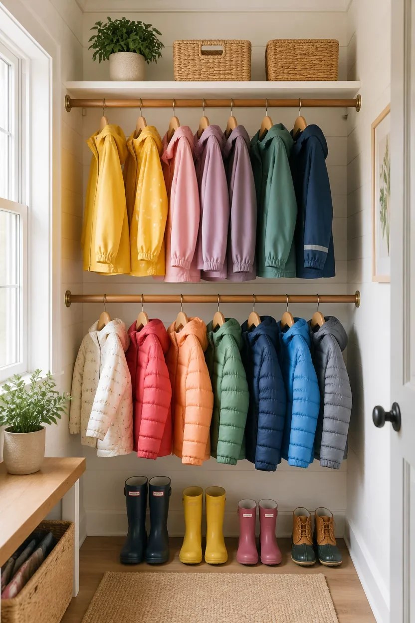 Brightly colored bins labeled for efficient organization.