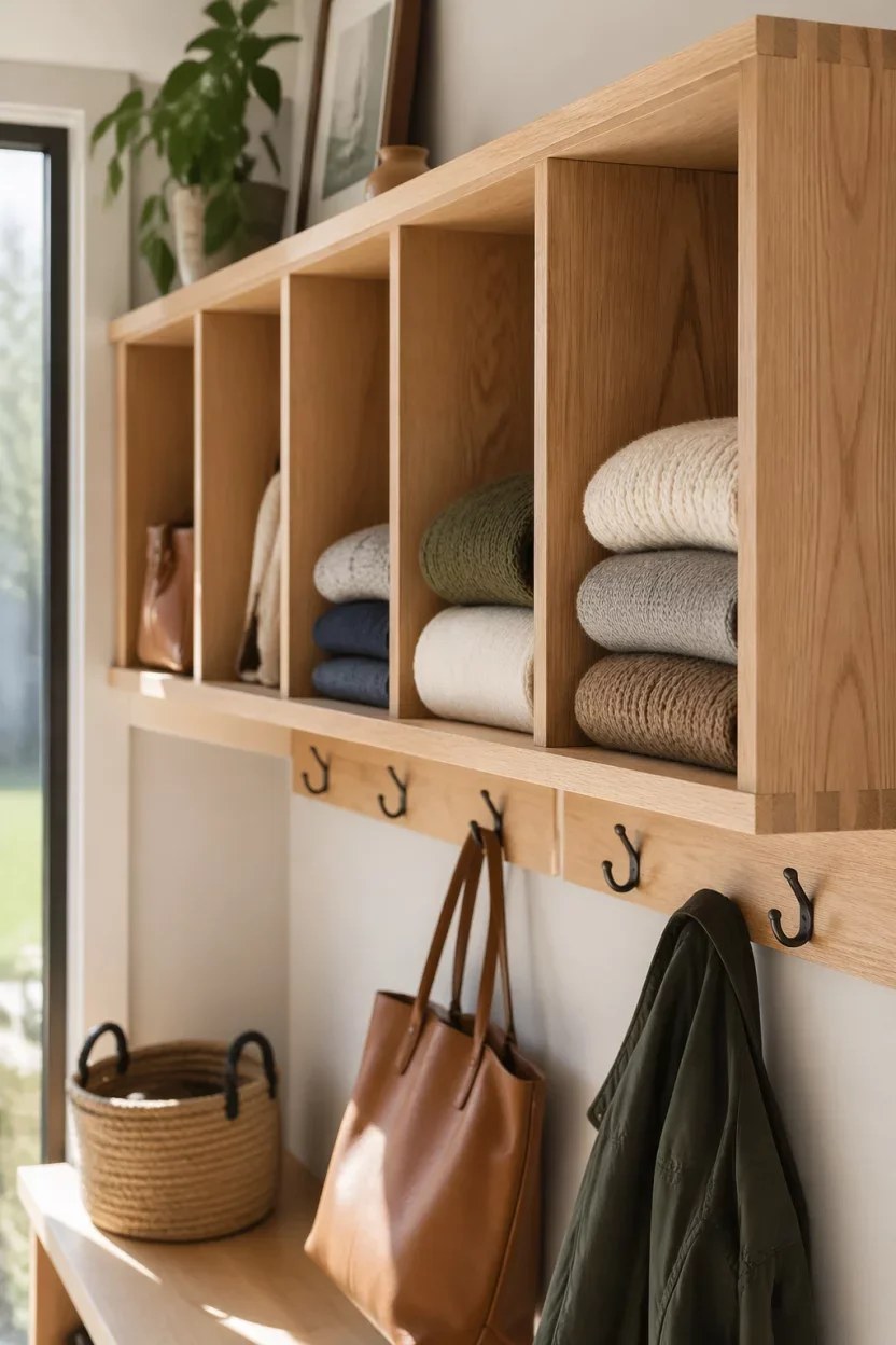 Rustic wood shelving and hooks in a stylish mudroom.