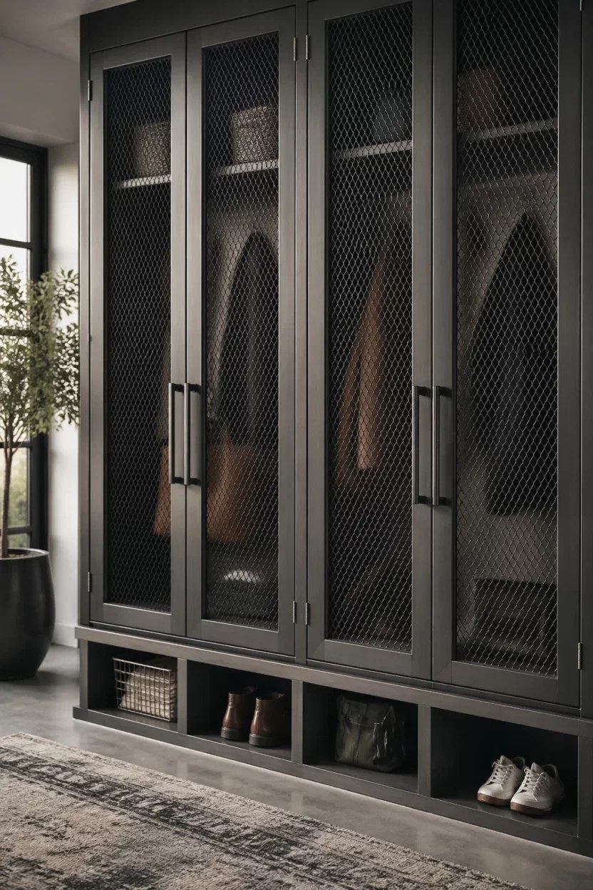 Modern black cabinets with mesh doors in a chic entryway.