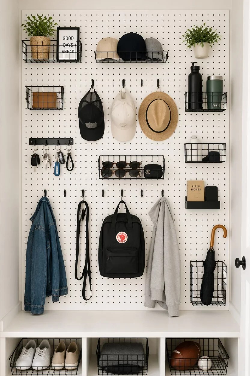 Colorful pegboard organizer with hooks and baskets.