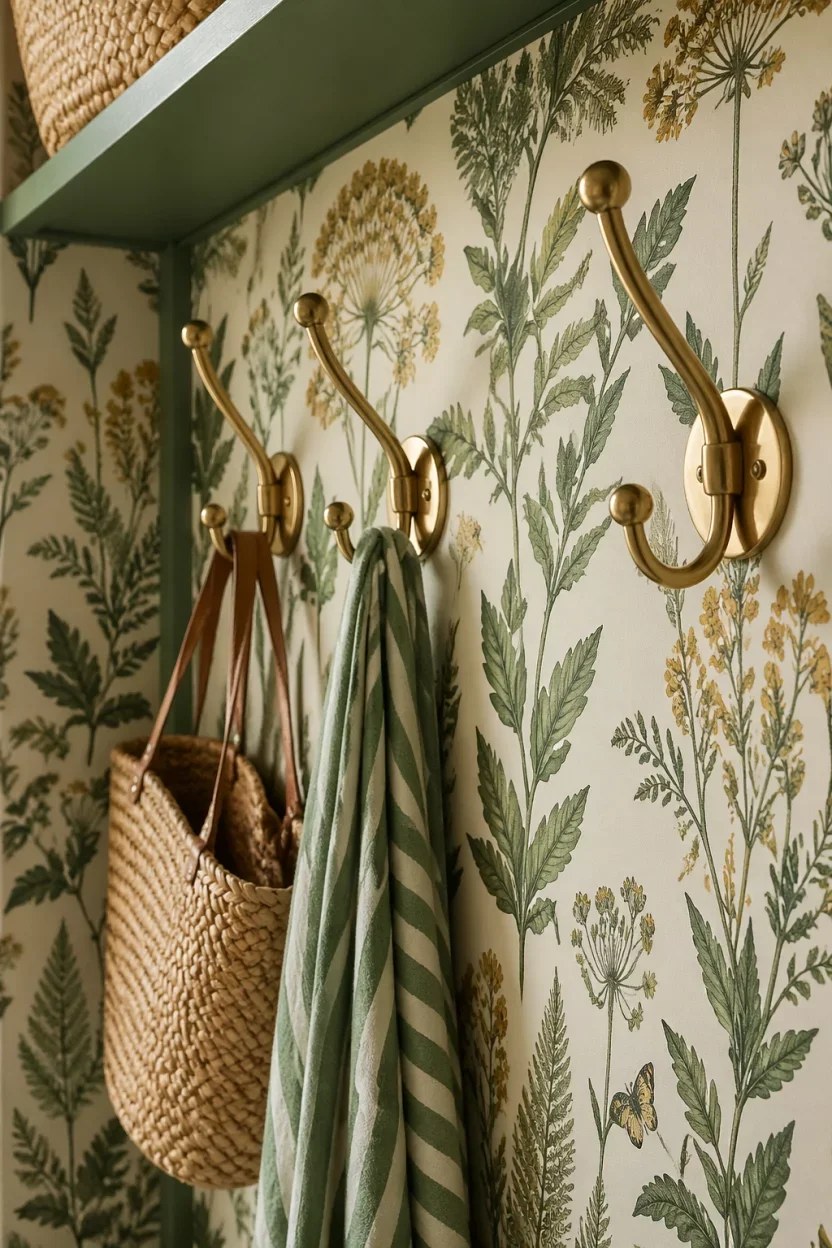 Vintage suitcase storage adding charm to a mudroom.