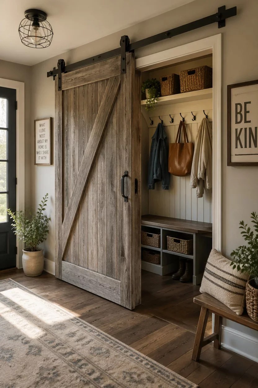 Comfortable bench with cushion storage in a mudroom.