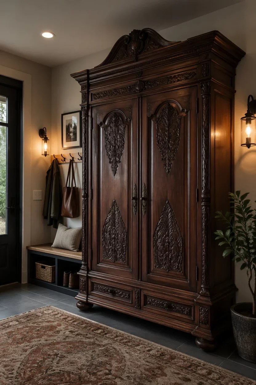 Rolling carts for flexible storage in a modern mudroom.
