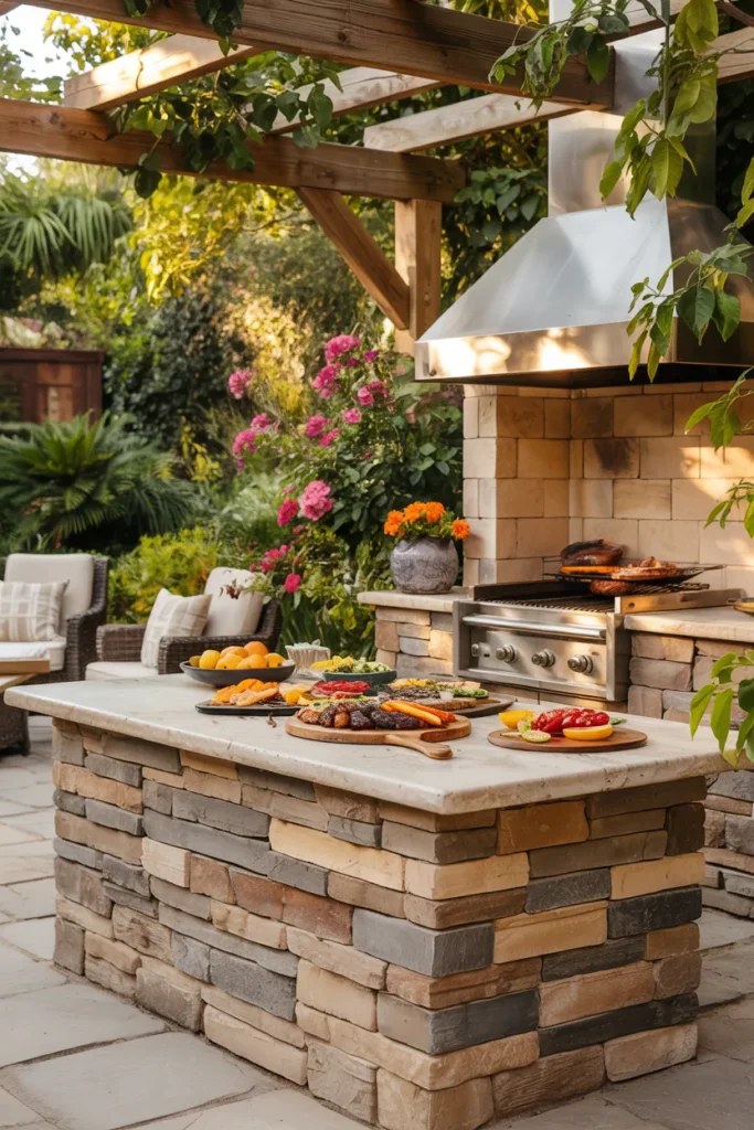 Elegant outdoor BBQ station ideas with hanging plants and herbs