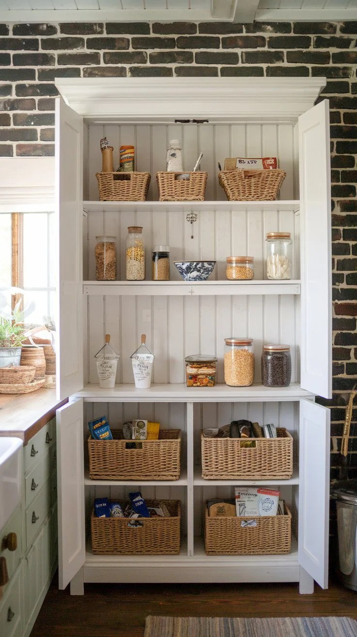 Classy glass door pantry cabinet enhancing kitchen elegance.