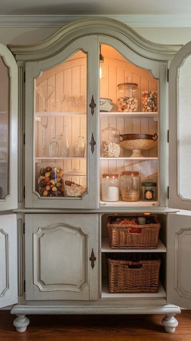 Elegant vintage French armoire repurposed for kitchen use.