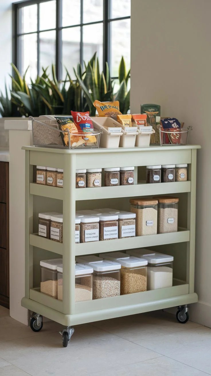 Rolling kitchen cart featuring labeled jars and clear containers.