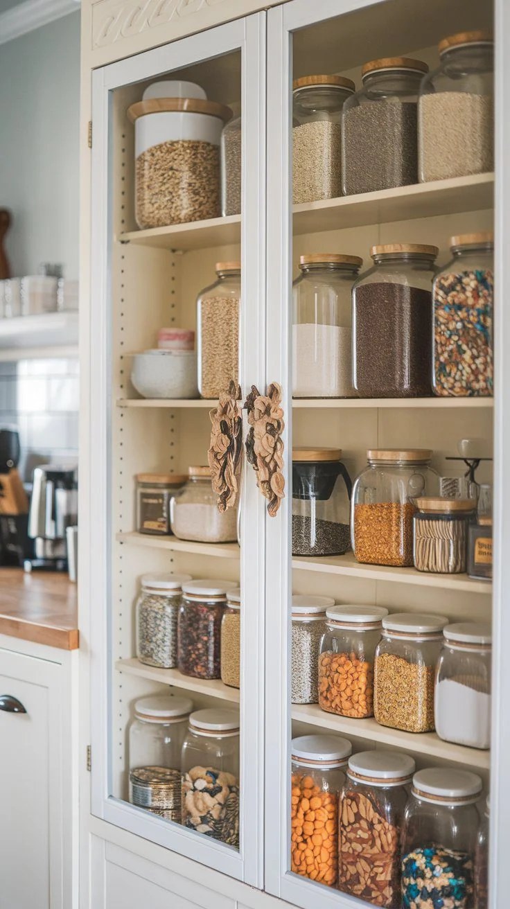 Minimalist open shelving for a sleek pantry aesthetic.