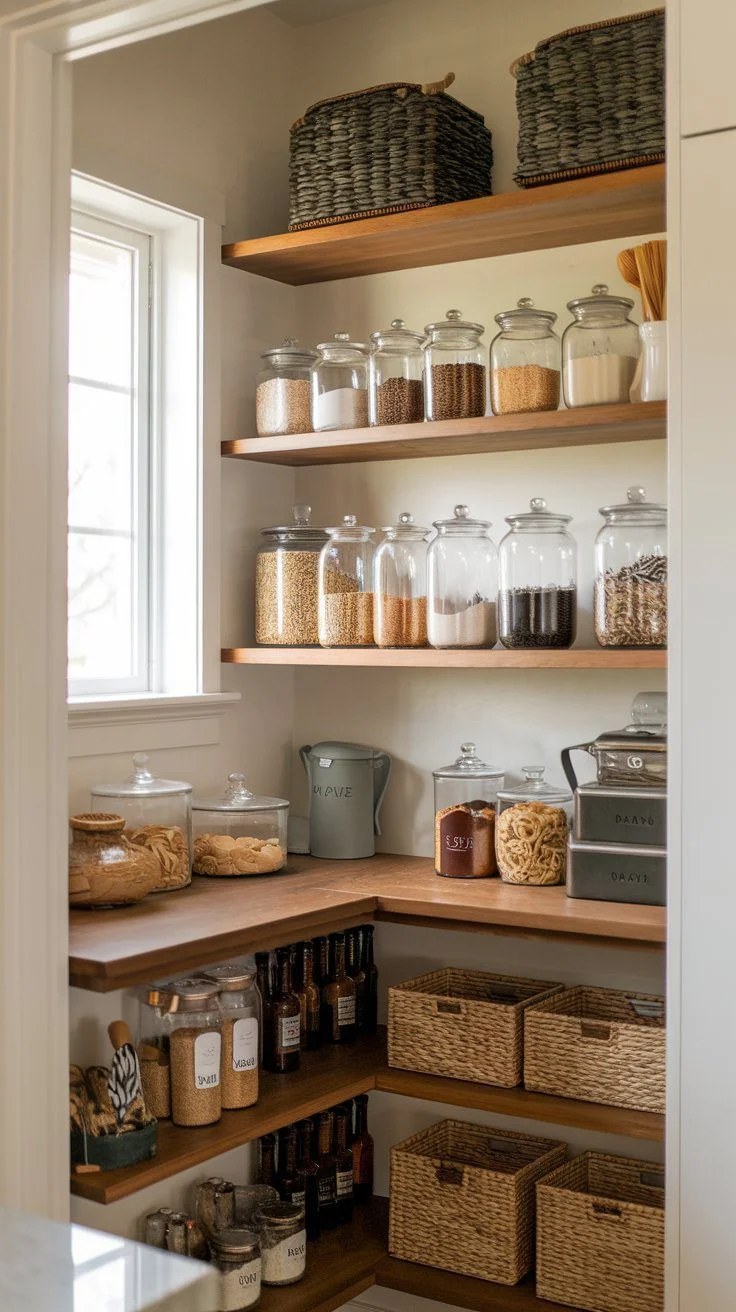 Built-in corner pantry cabinet for small kitchens.