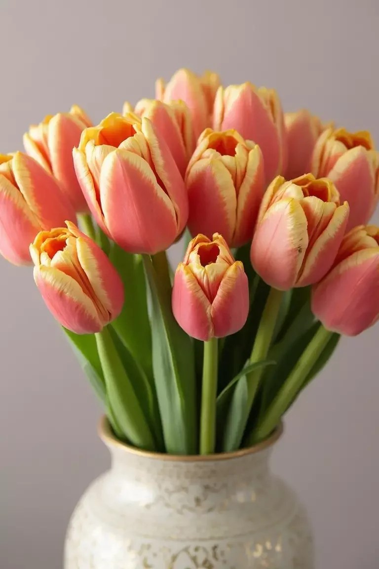 Pastel tulips and daffodils in an antique vase adding elegance.