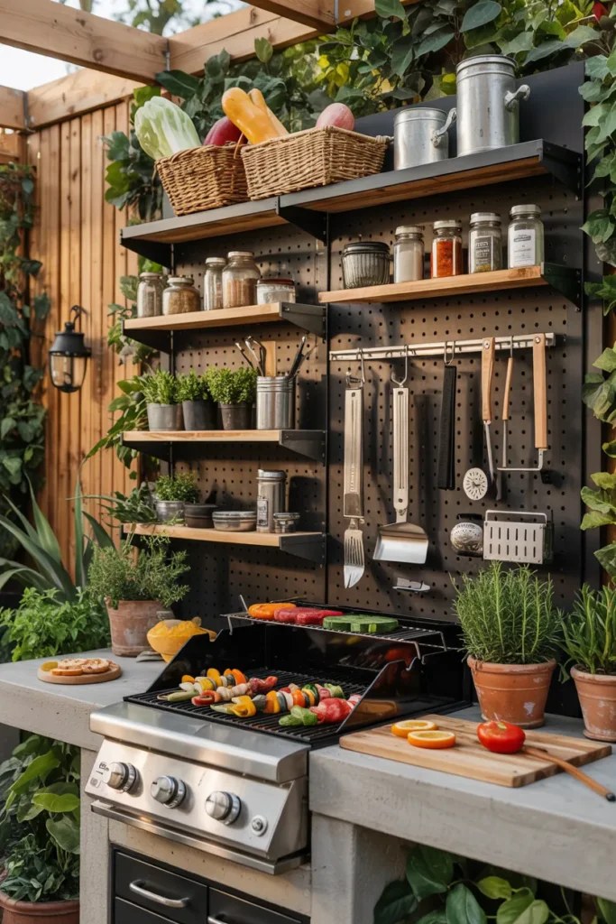Rustic outdoor BBQ station ideas with stone and wood textures