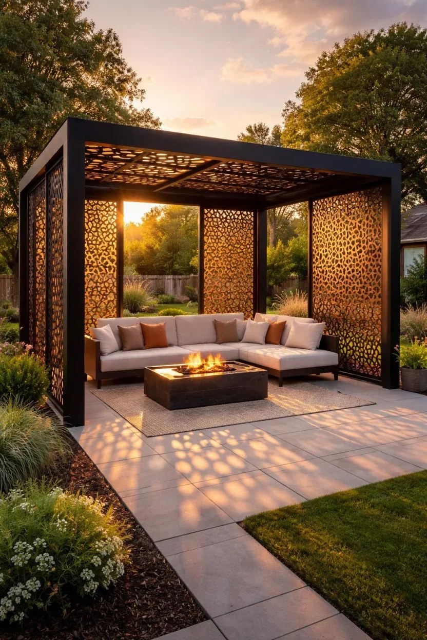 Tropical retreat pergola with bamboo privacy and lush potted plants.