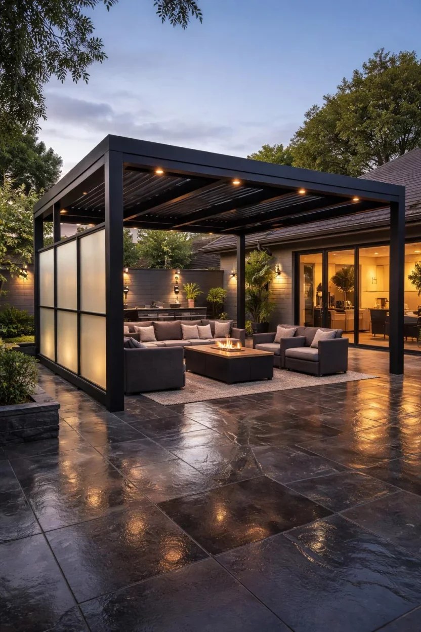 Rustic farmhouse pergola with traditional wooden accents.