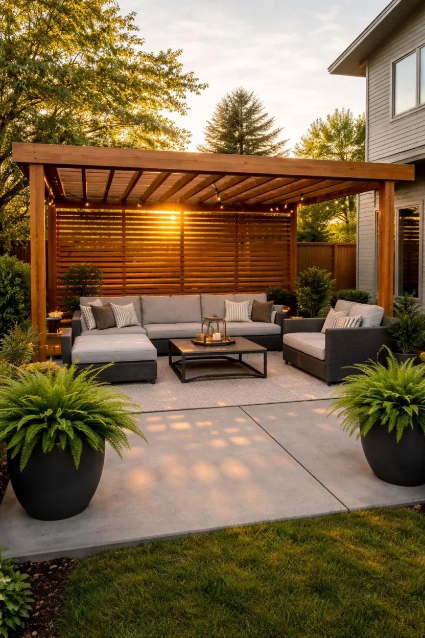 Minimalist corner pergola fitting snugly into compact spaces.