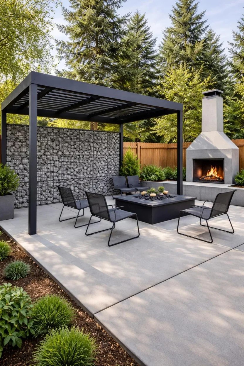 Rustic pergola showcasing reclaimed materials and lush greenery.