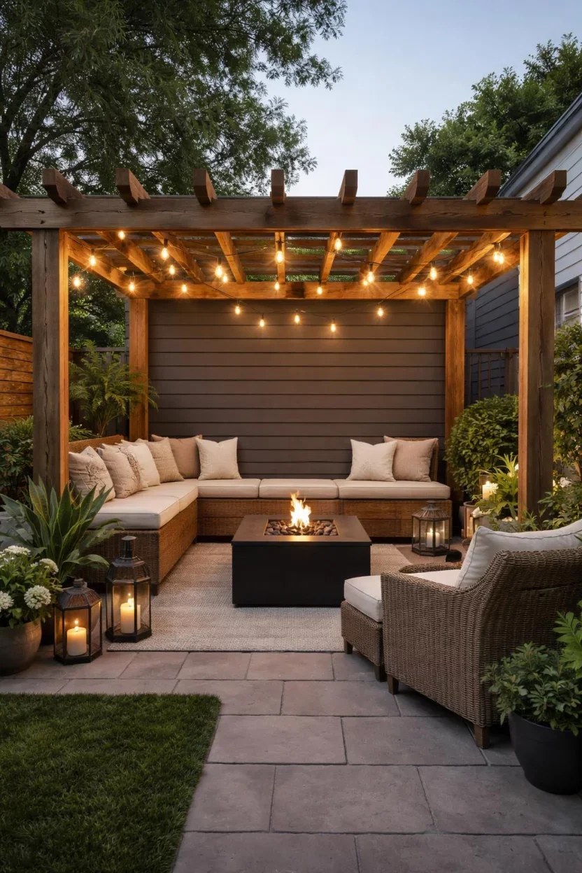 Luxurious lounge pergola with mahogany finishes and decorative features.