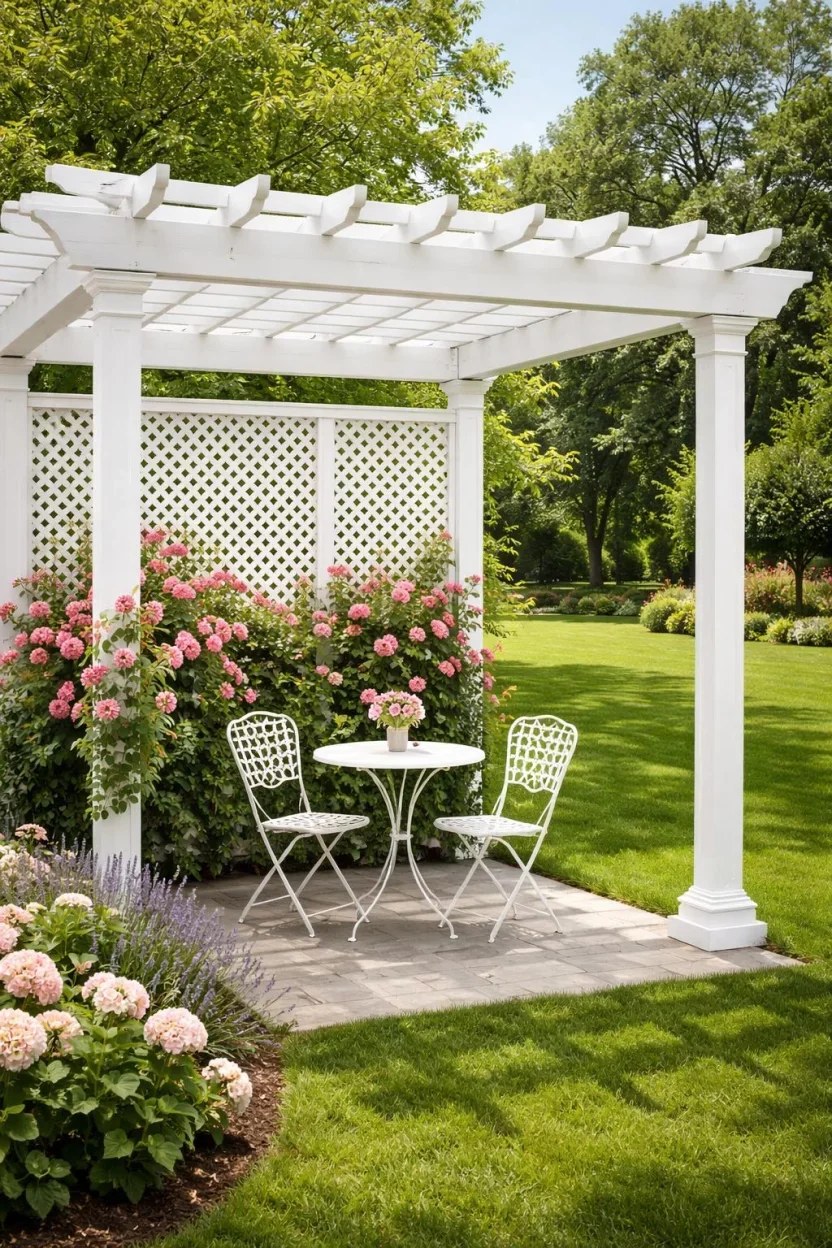 Coastal-inspired pergola painted in soft blue with fabric seats.