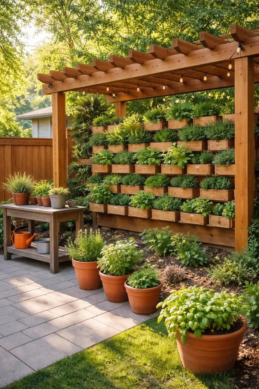 Contemporary glass pergola allowing light and visibility in the garden.