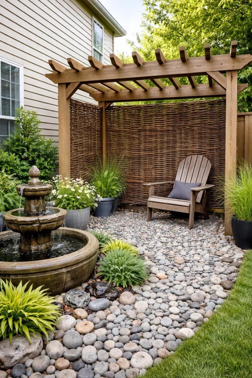 Mediterranean-style pergola evoking warmth with terracotta finishes.