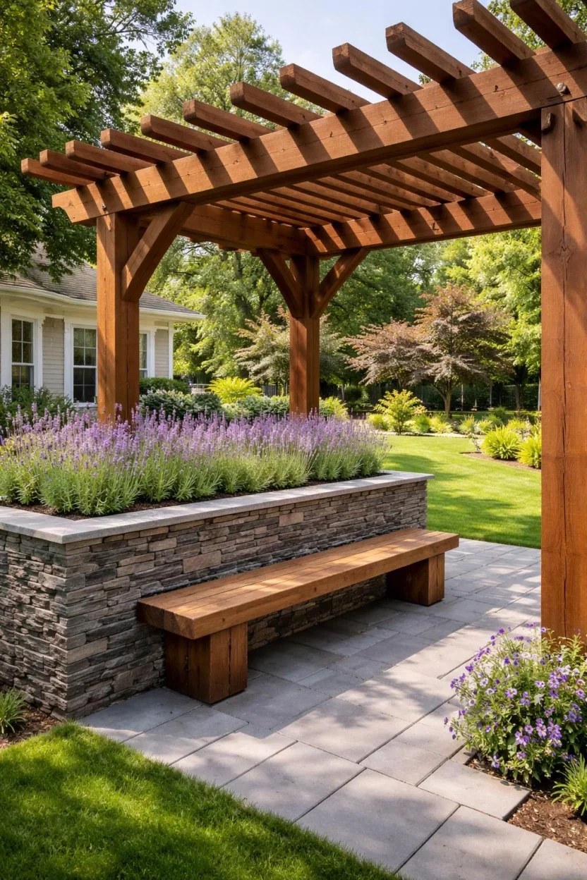 Artistic fabric pergola creating colorful shadows in outdoor dining.