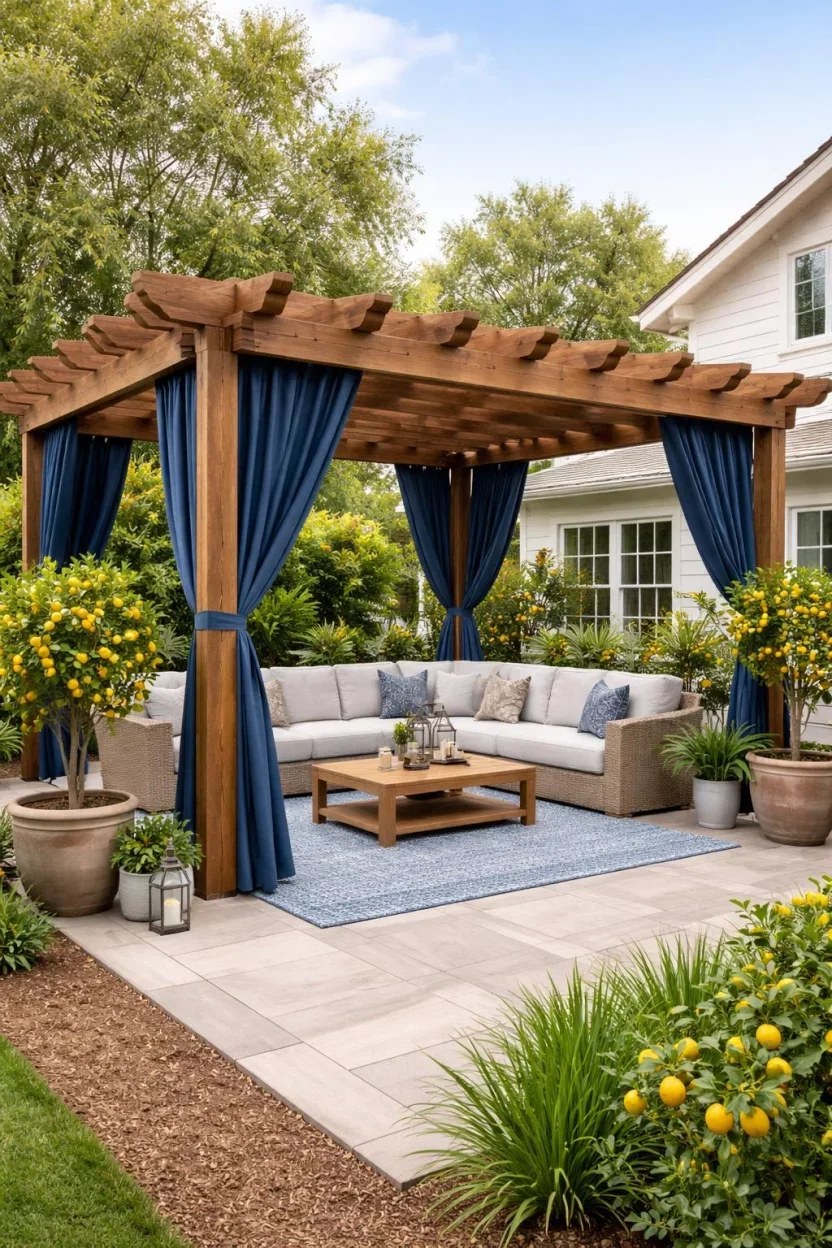 Industrial chic pergola with wrought iron elements and rustic wood.