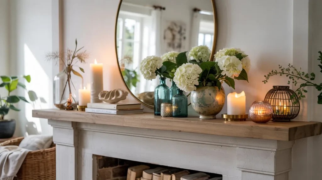 Colorful summer mantel decor ideas with vibrant flowers and candles