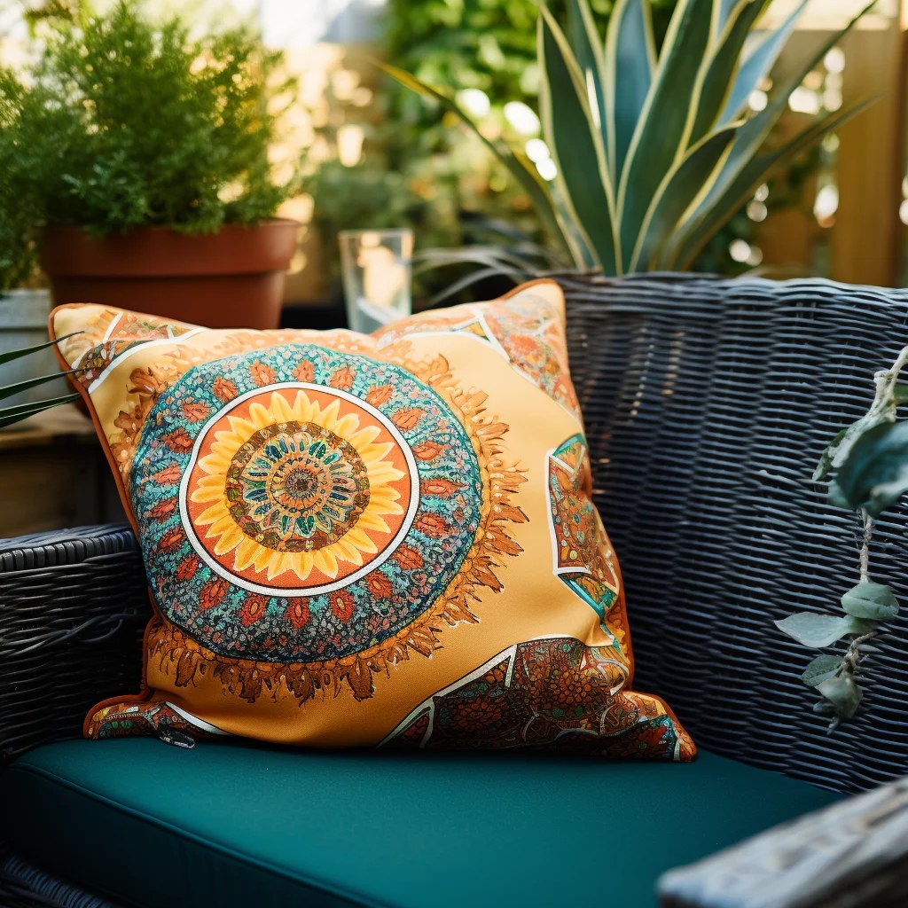 Cozy embroidered floor cushions in a vibrant outdoor lounge.