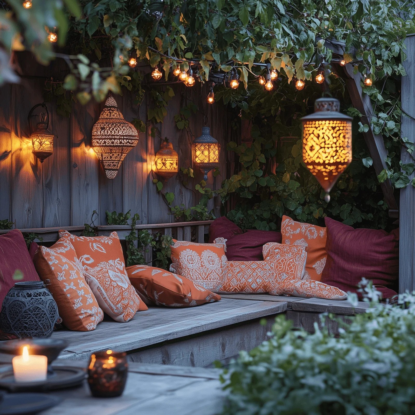 Colorful canopy draping over a comfortable garden seating area.