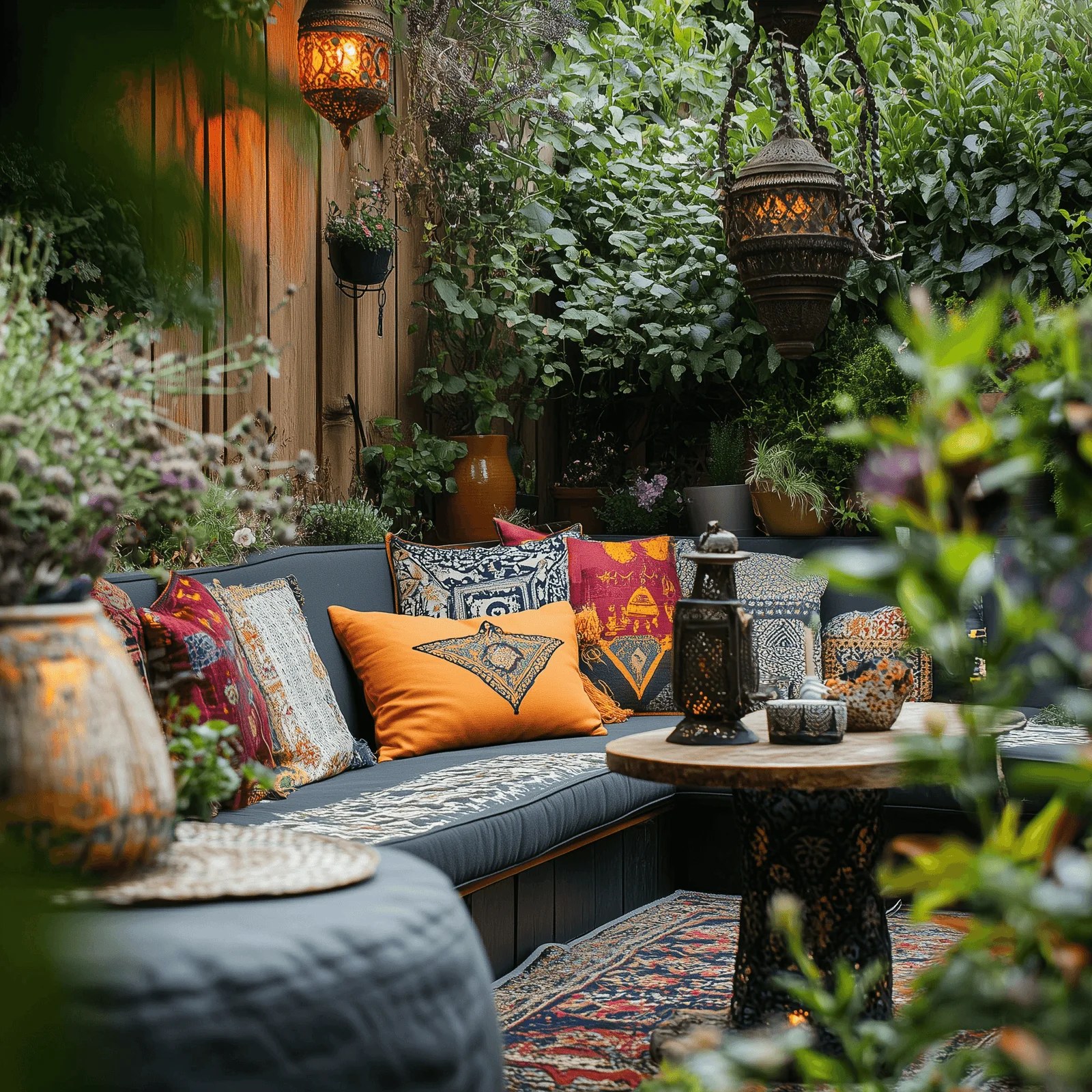 Stylish outdoor rug providing comfort and Moroccan flair.