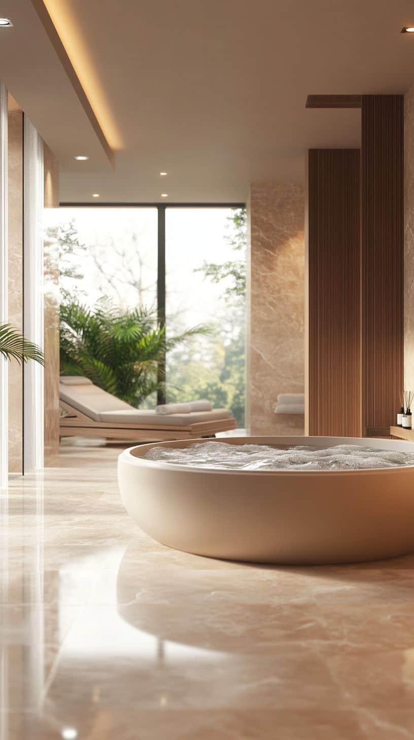 Inviting round Jacuzzi tub amidst natural light and decor