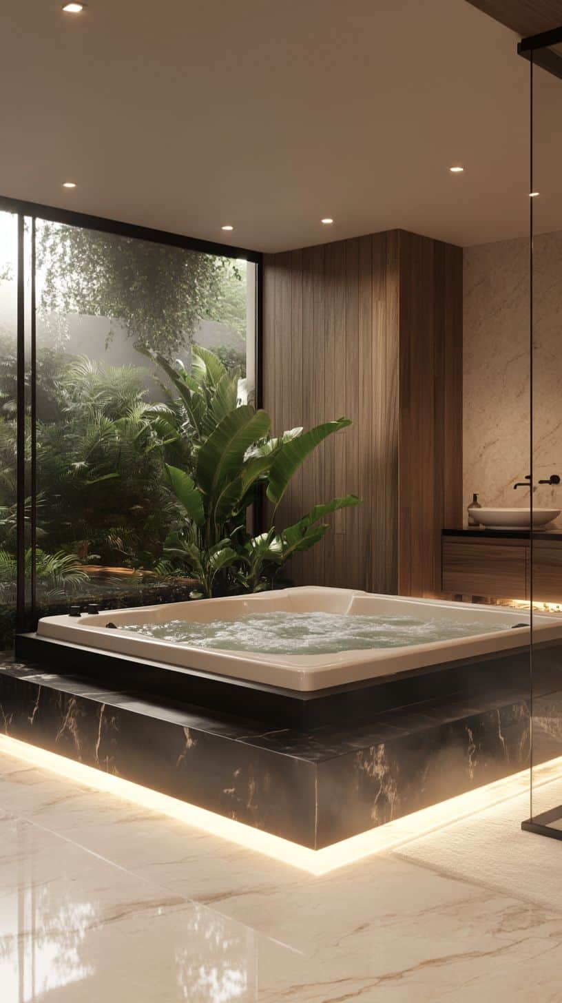 Minimalist bathroom design featuring a rectangular Jacuzzi