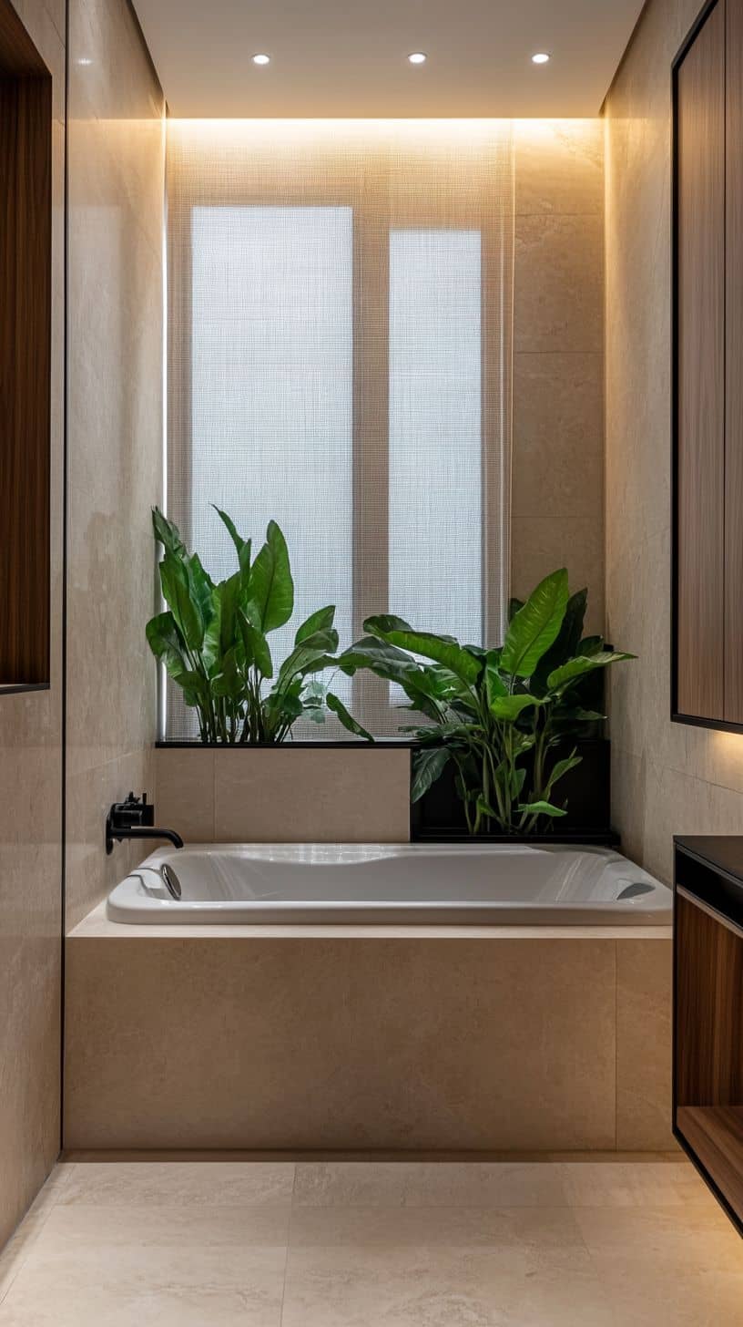 Efficient small bathroom with a compact Jacuzzi tub