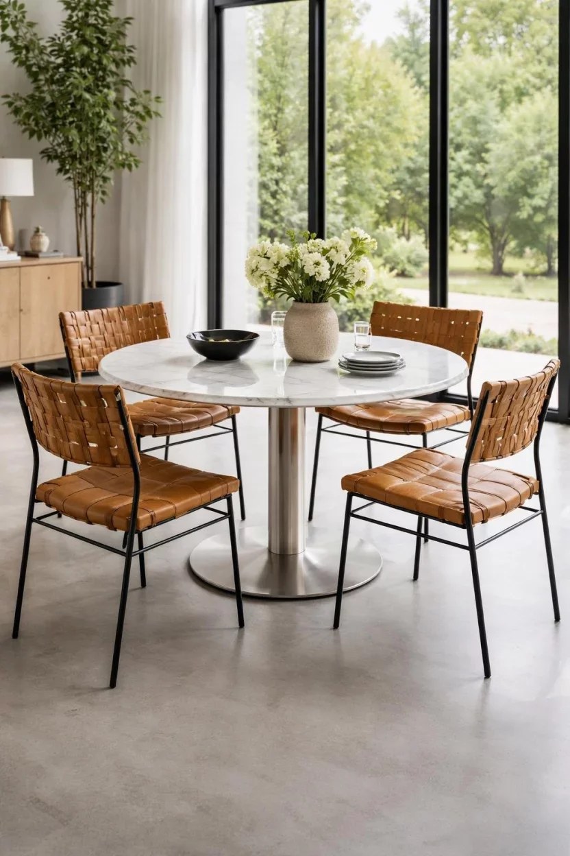 Chic folding chairs for versatile dining arrangements.