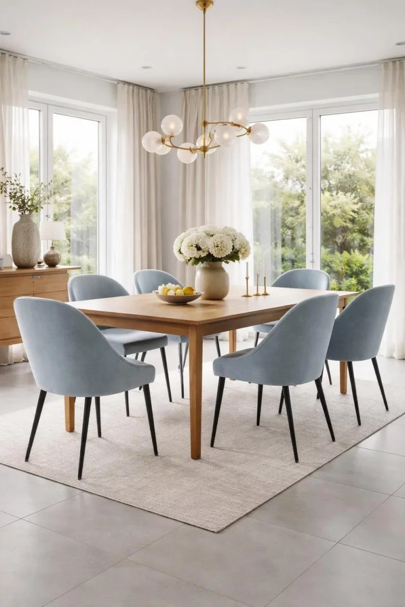 Modern dining area featuring blue velvet chairs