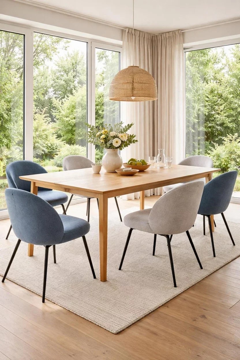 Breezy coastal dining room with natural rattan chairs