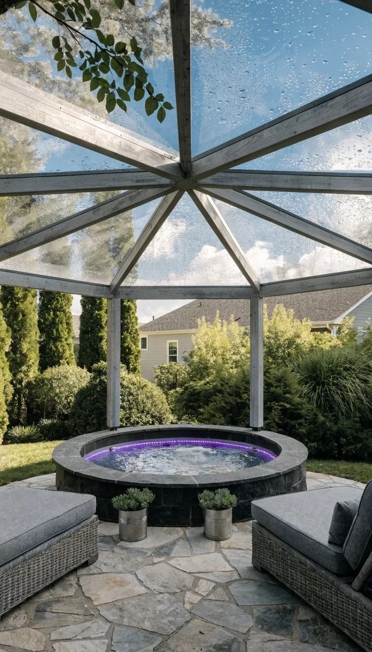 Charming hot tub gazebo ideas with twinkling string lights above