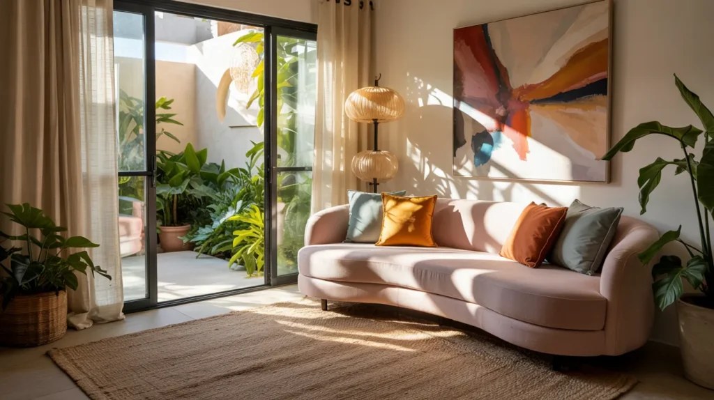 Bright modern summer living room ideas with airy white curtains