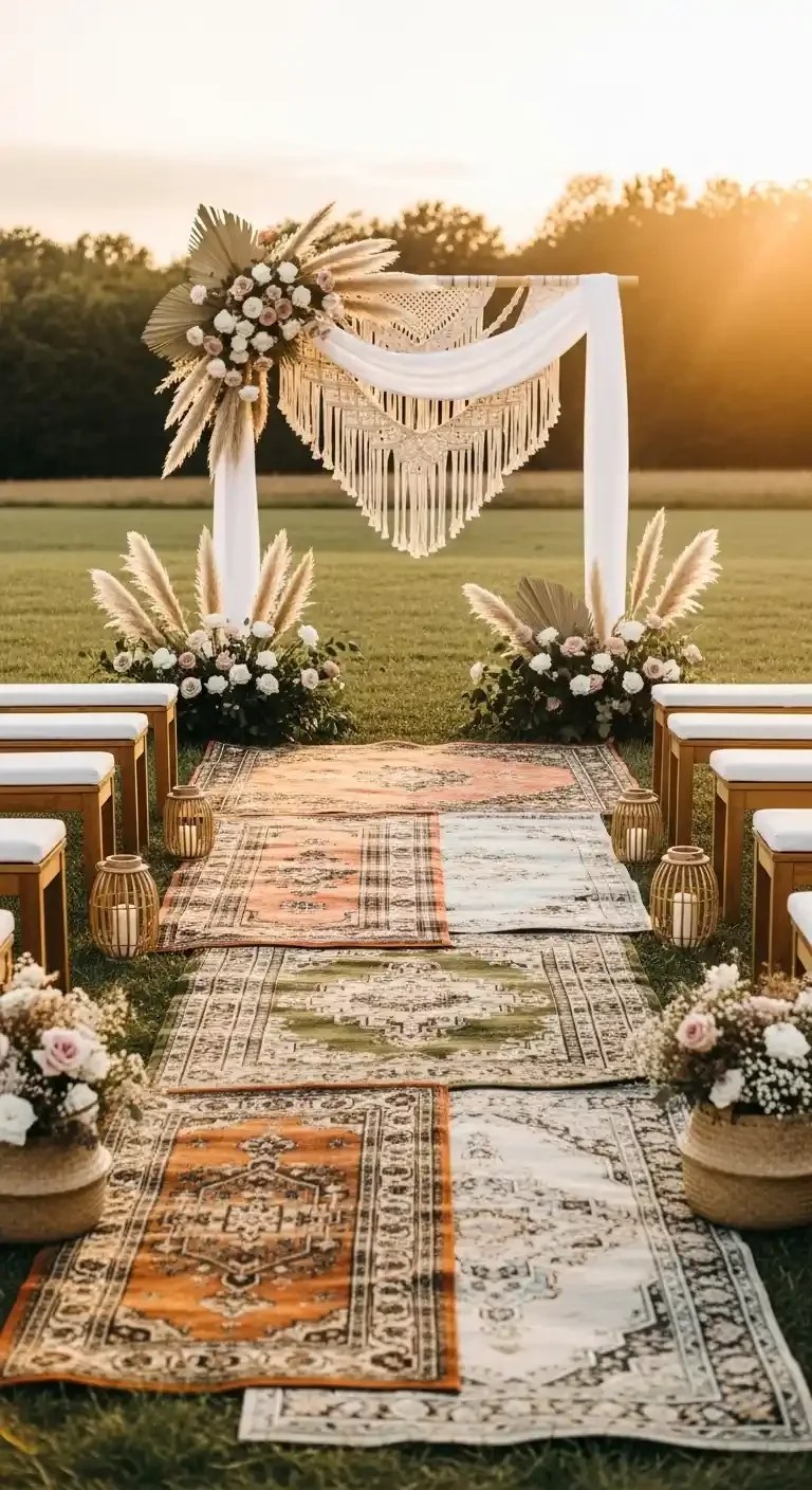 Charming vintage rugs create a bohemian aisle