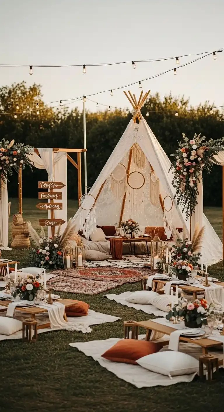 Intricate macramé backdrop adds artistic flair