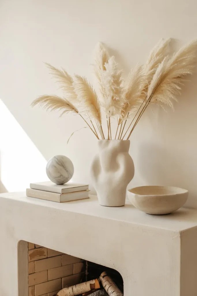 Crisp white mantel decorated with seasonal summer mantel decor ideas