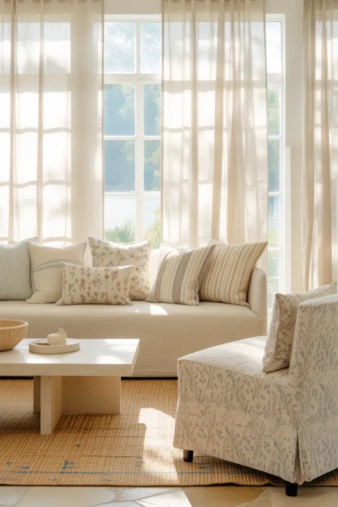 Bright modern summer living room ideas featuring large windows