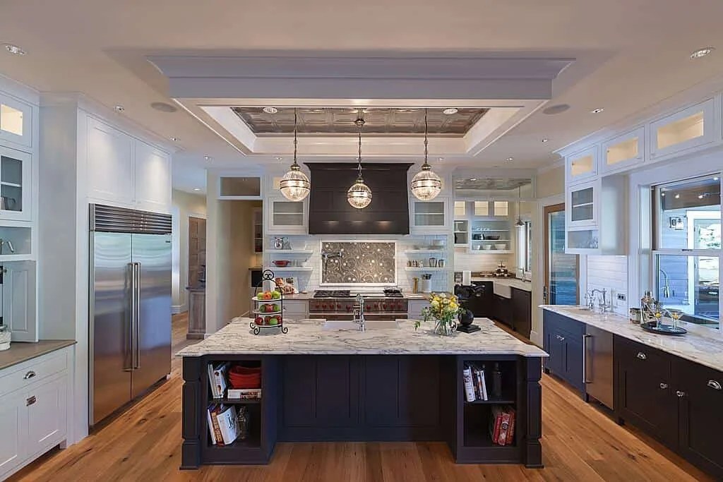 Rich dark wood kitchen island enhancing luxurious ambiance