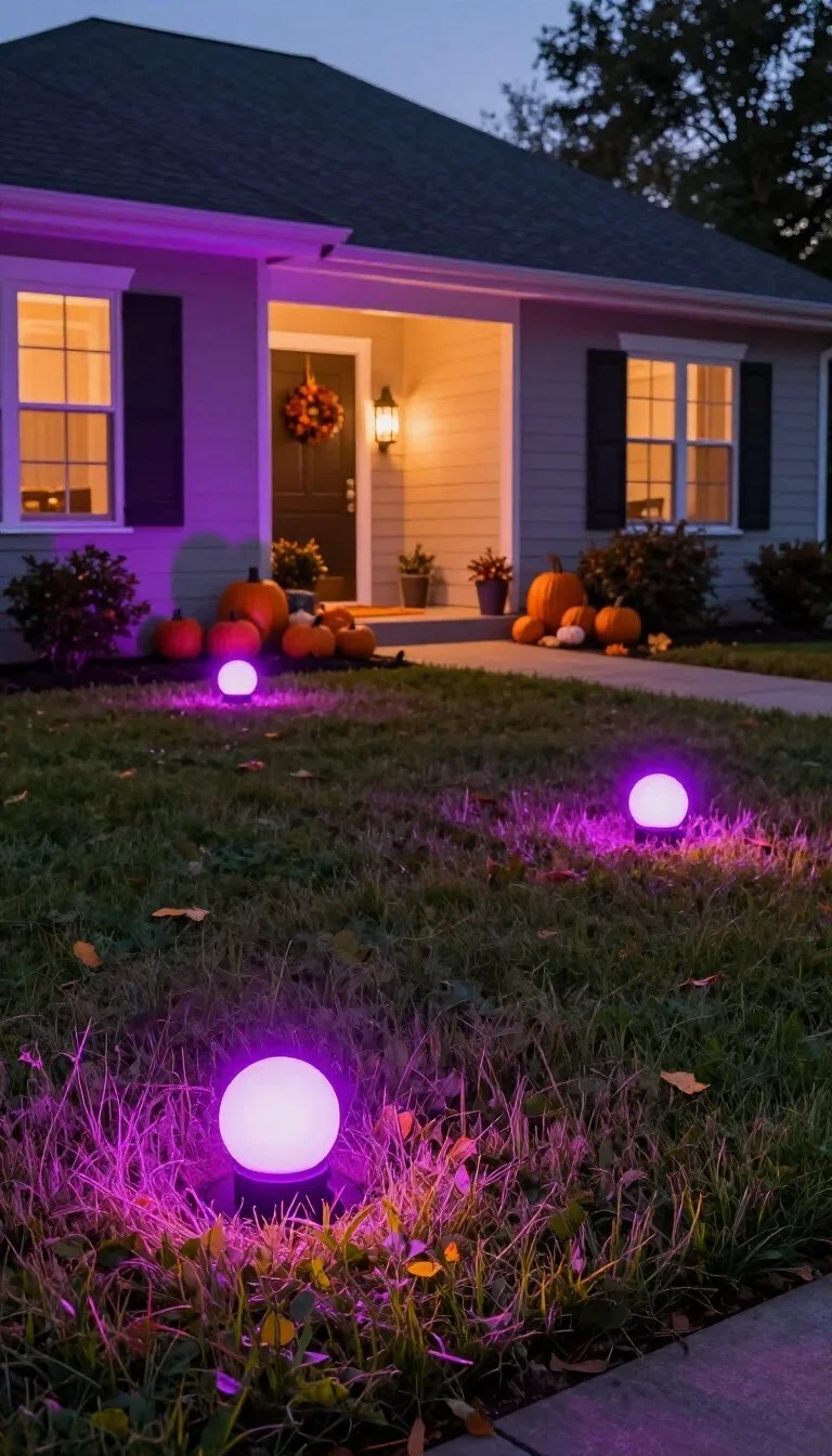 Bright colored lights accenting a lush garden in front yard