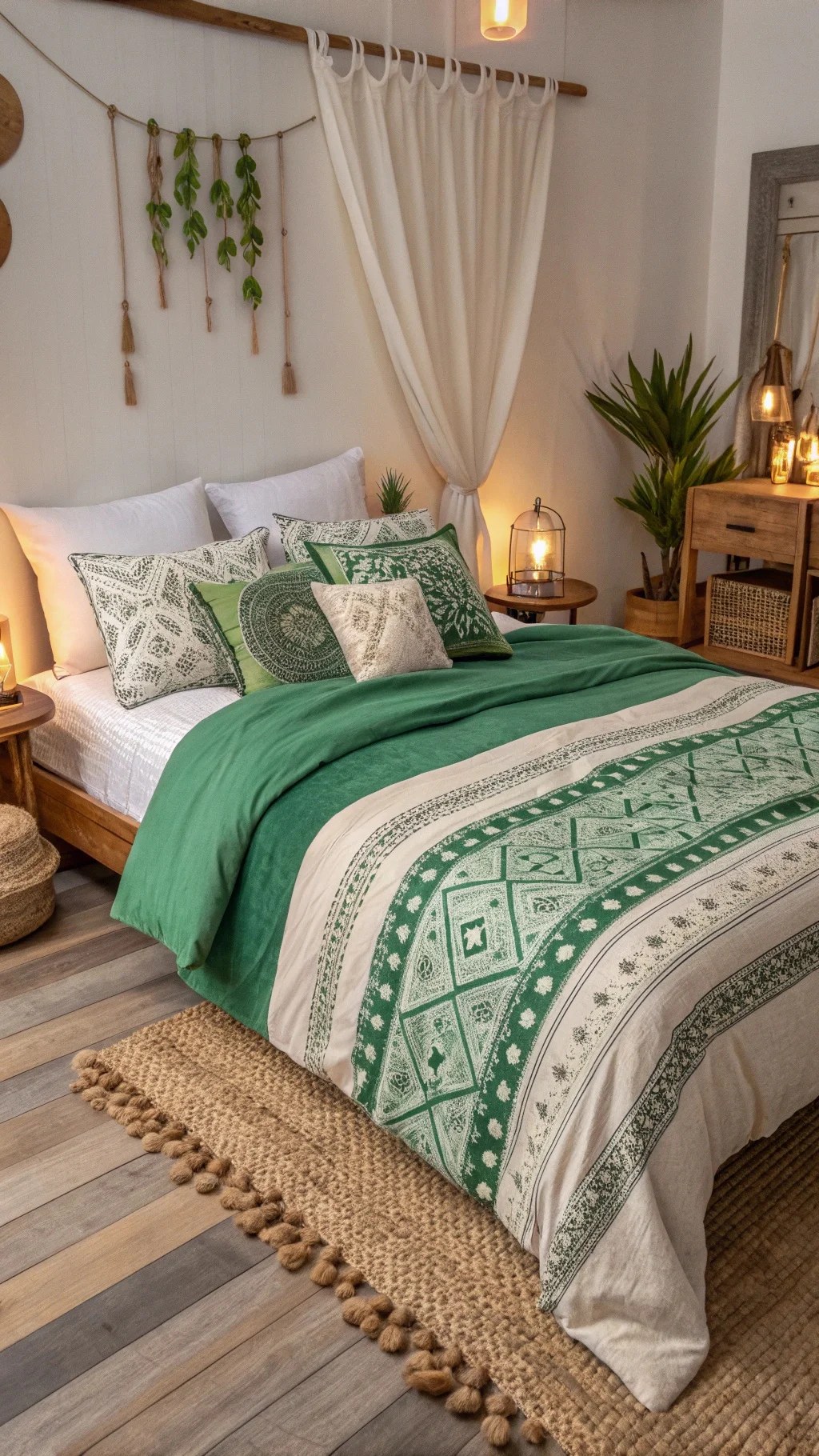 Cozy green bedding in a bohemian style bedroom