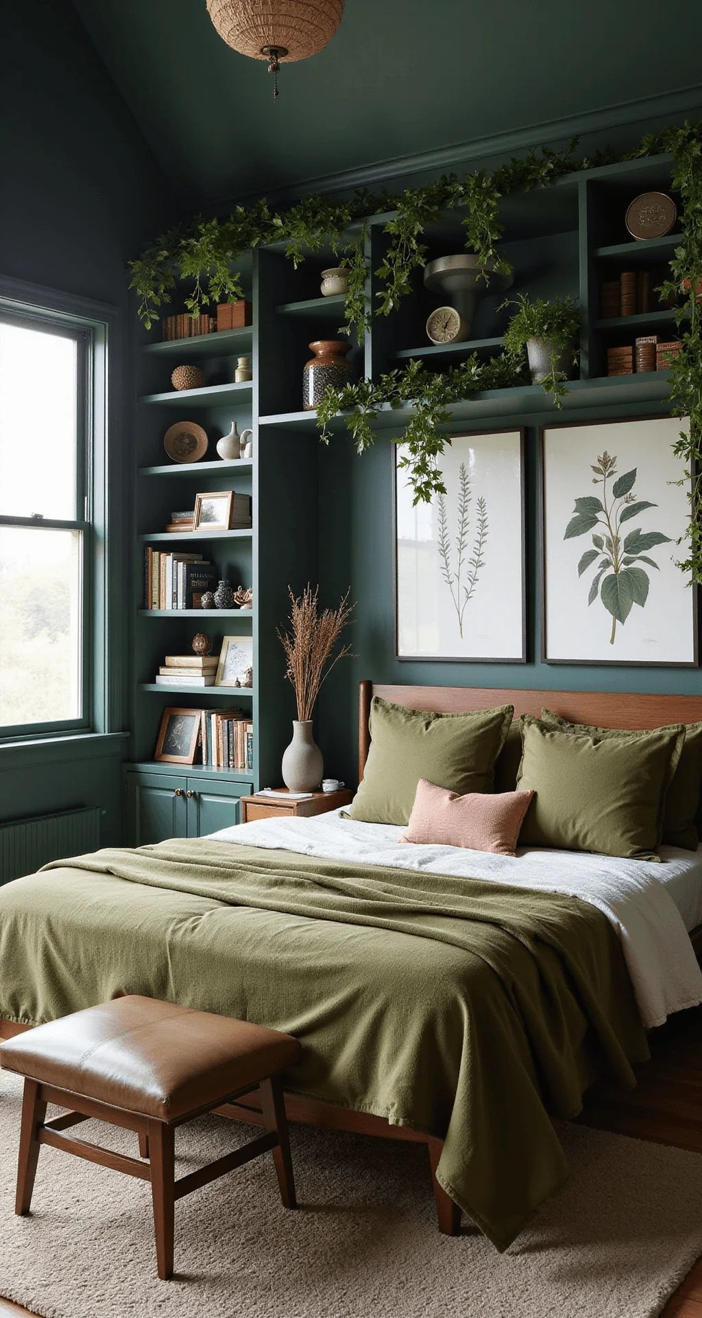Beautiful macramé wall hanging in a green boho bedroom